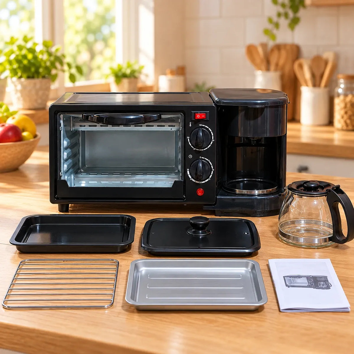 Qué incluye el Horno 3 en 1 KÜIKA: rejilla, bandejas, tapa, jarra y manual