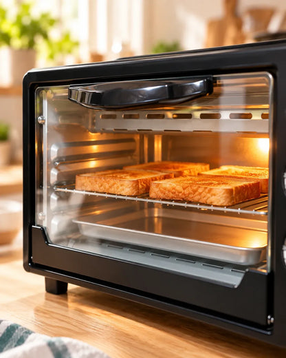 Detalle de la puerta de vidrio templado del Horno 3 en 1 KÜIKA con tostadas