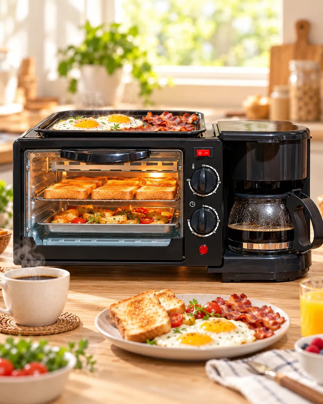 Horno 3 en 1 KÜIKA en uso con desayuno completo sobre la encimera