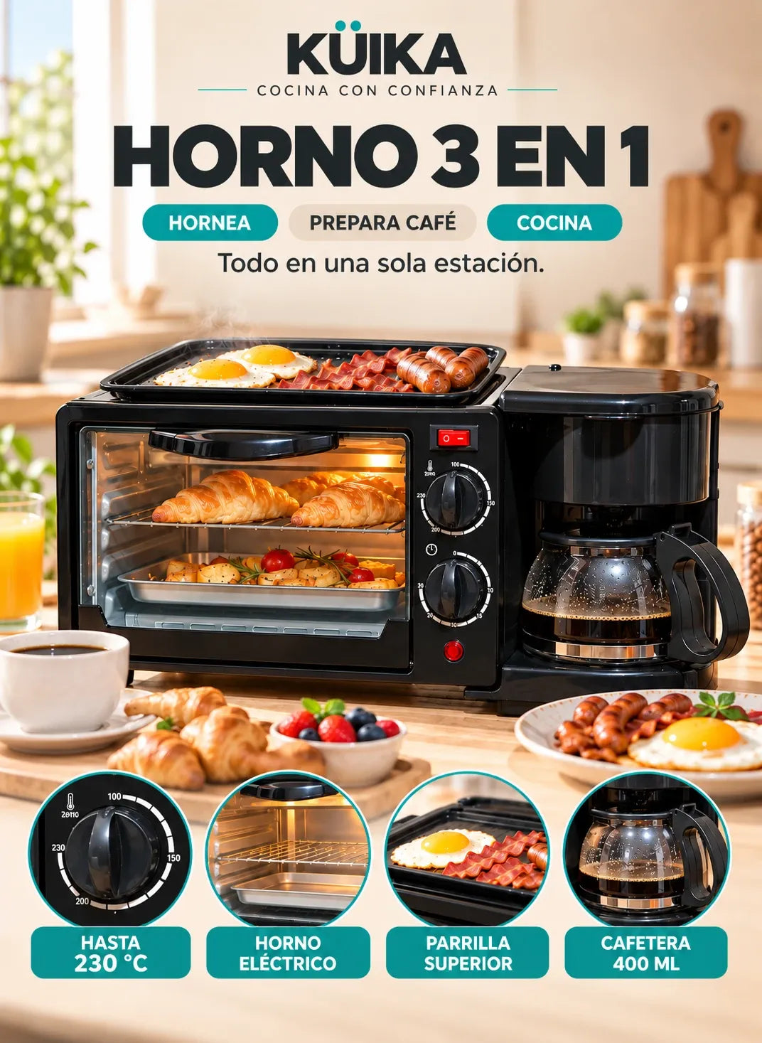 Horno 3 en 1 KÜIKA: horno eléctrico, cafetera y parrilla en un solo equipo