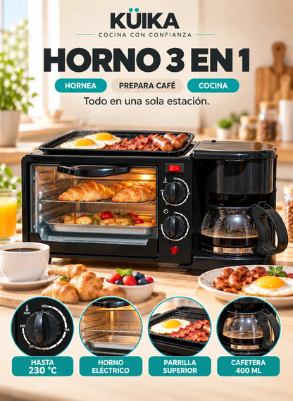 Horno 3 en 1 KÜIKA: horno eléctrico, cafetera y parrilla en un solo equipo